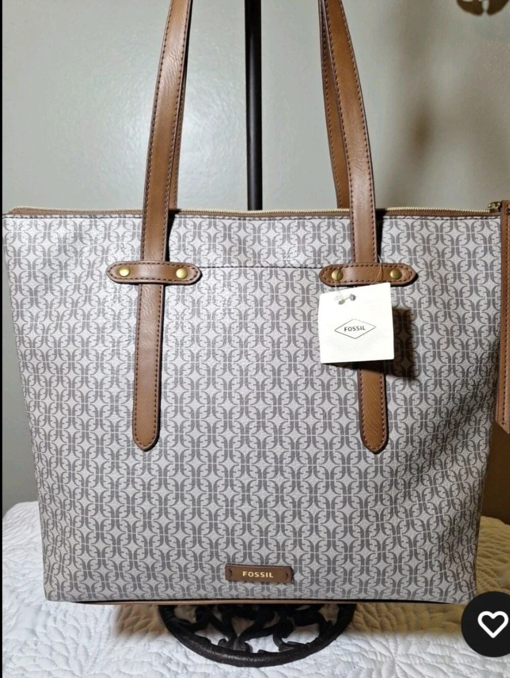 Fossil Gray Patterned Tote with Tan Leather Trim - Picture 1 of 5